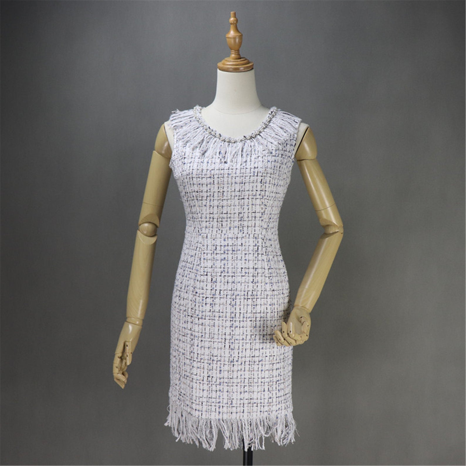 Custom Made Pearls Decoration Tassel Fringe Tweed Dress