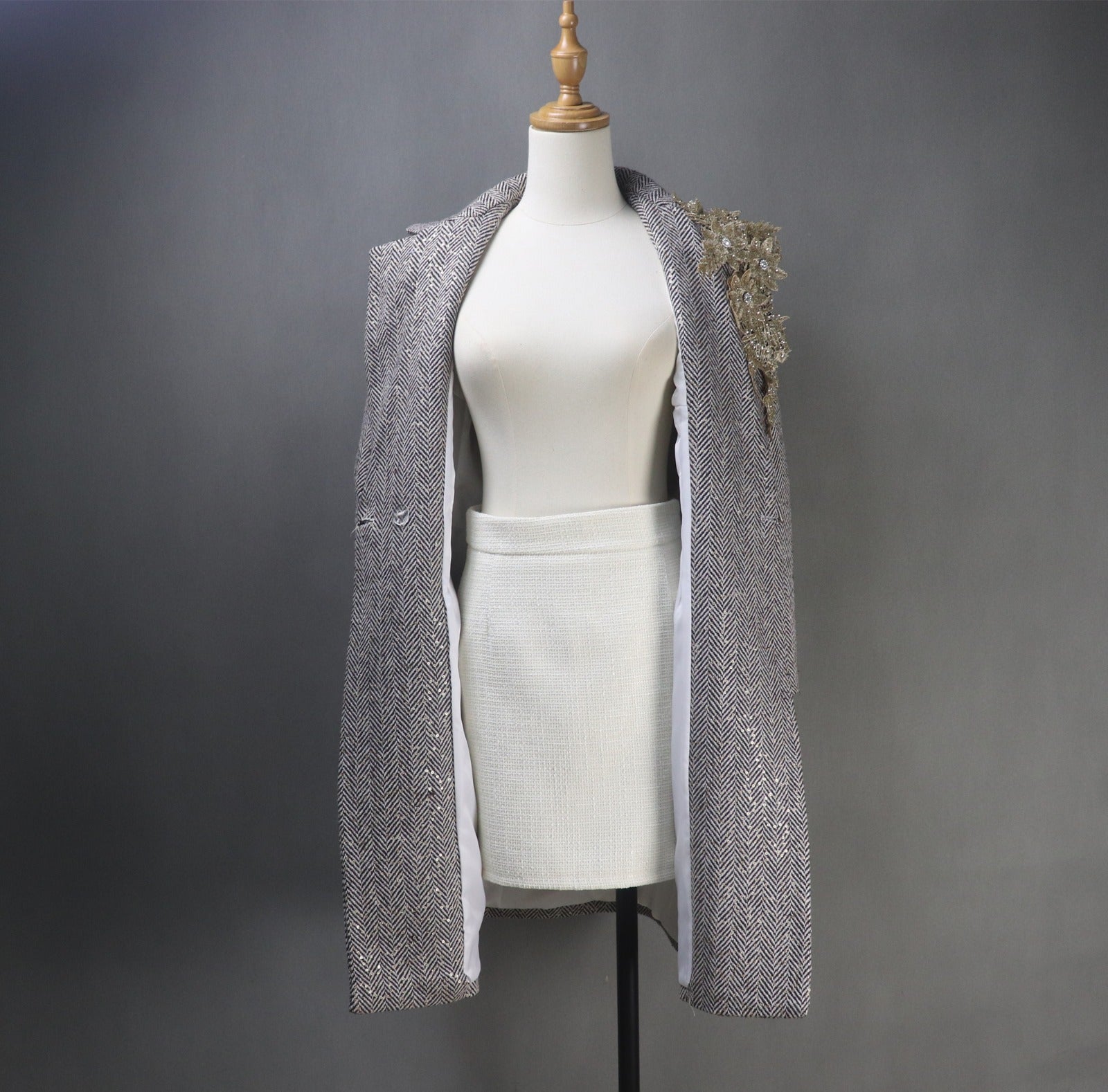 Long Coat Sequinned Flowers Collar Tweed For Womens - Fashion Pioneer 