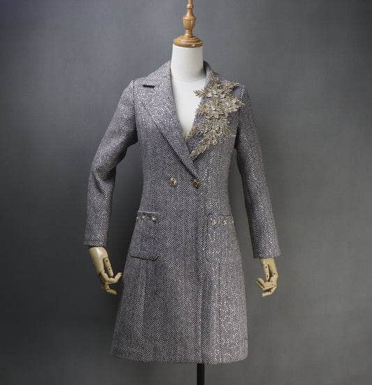 Long Coat Sequinned Flowers Collar Tweed For Womens - Fashion Pioneer 