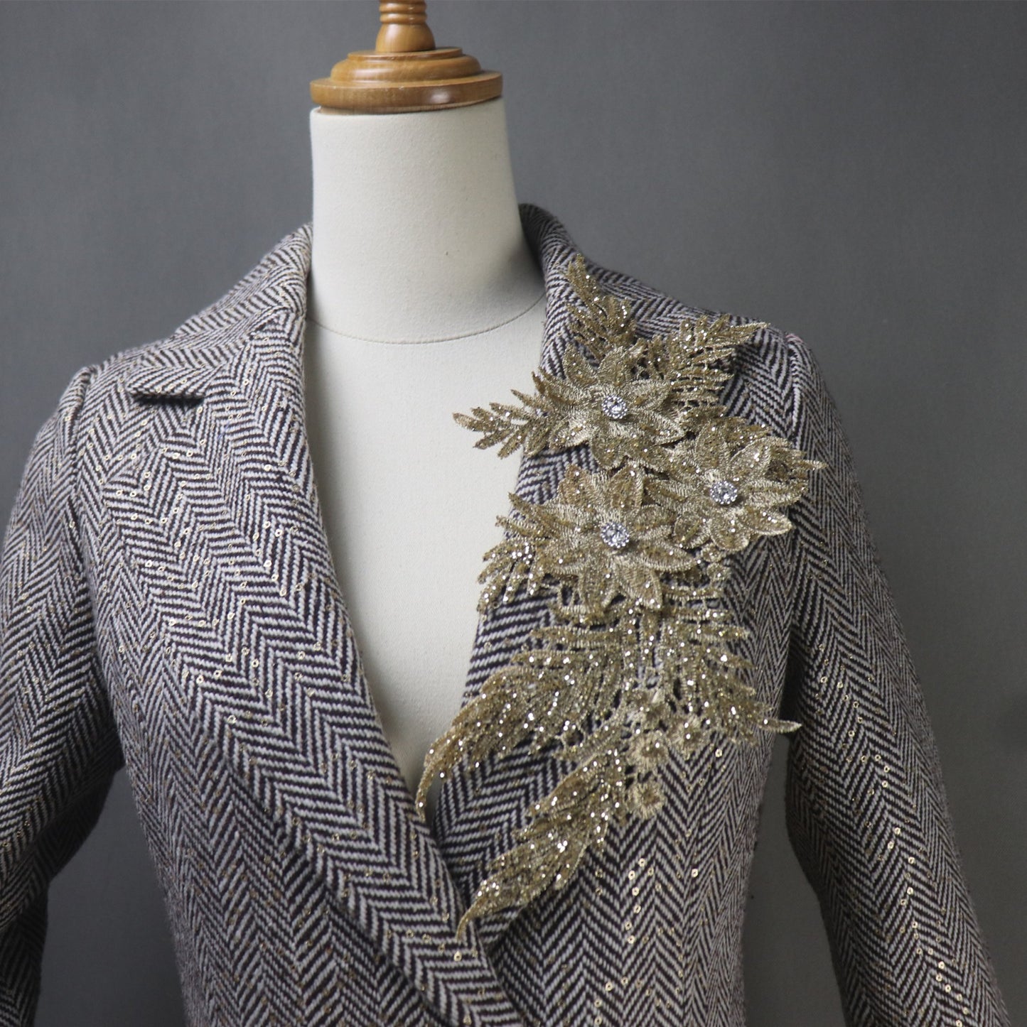 Long Coat Sequinned Flowers Collar Tweed For Womens