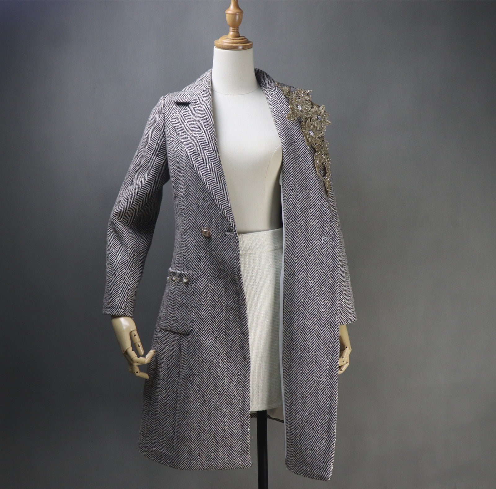 Long Coat Sequinned Flowers Collar Tweed For Womens - Fashion Pioneer 