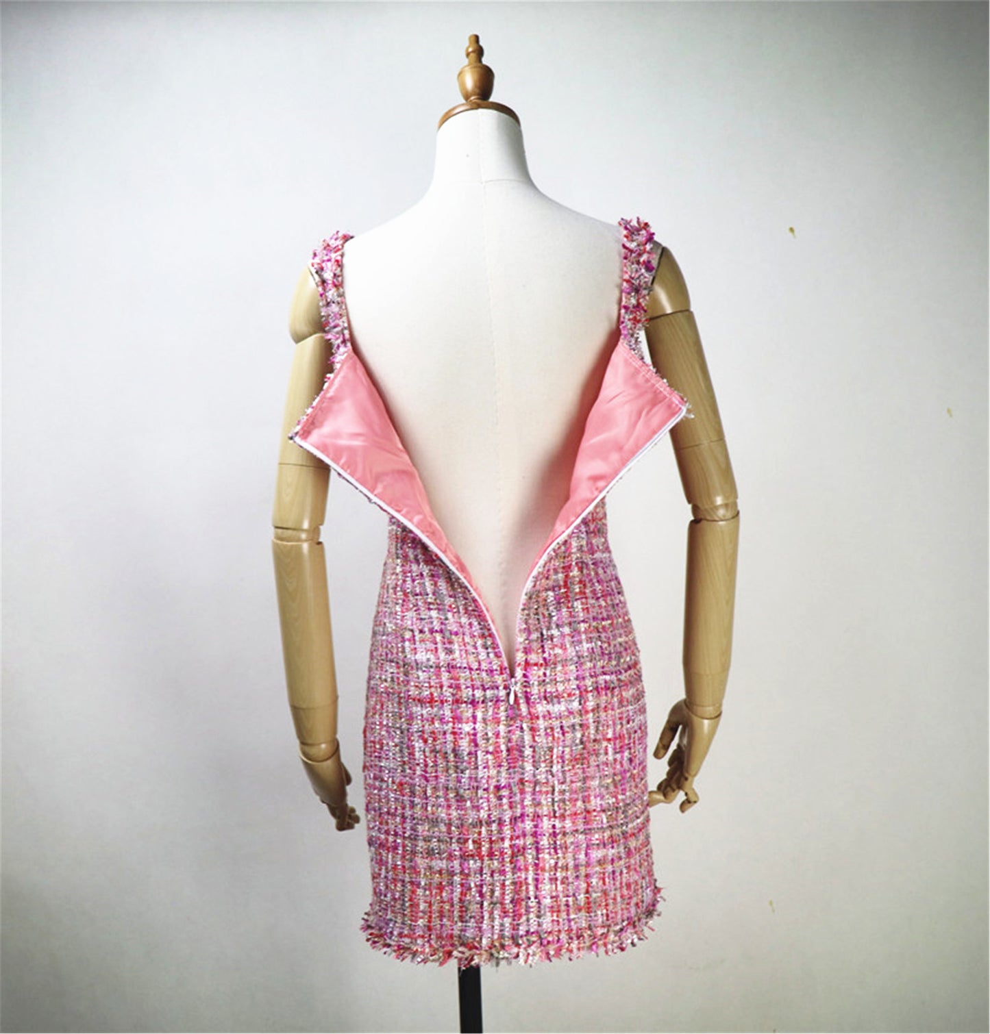 Custom Made Pink Multicolour Tweed Mini/ Midi/ Long Dress for Women