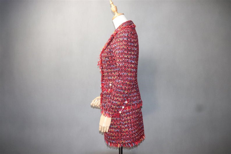  Hand Made Pearl Buttons Tweed Jacket Coat Blazer + Skirt Red