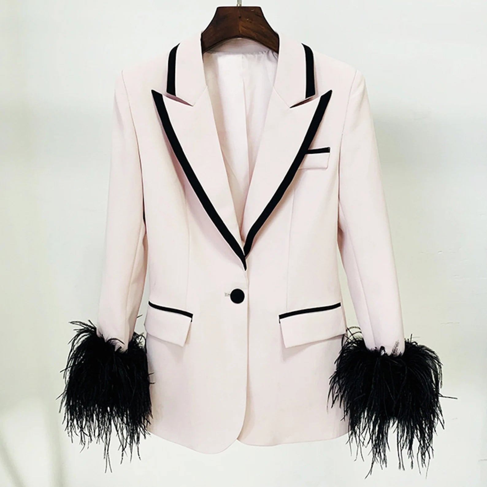 Women's Loose Fit Faux Large Feather Cuffs One Button Black Trim Blazer Jacket Light Pink  This Fluffy Feather Cuff Jacket is both glamorous and casual. For a chilly night, pair it with an evening gown or jeans for a more relaxed style. It can be worn for work, shopping, and tea parties throughout the day, as well as for dinner, partying, and other activities at night.