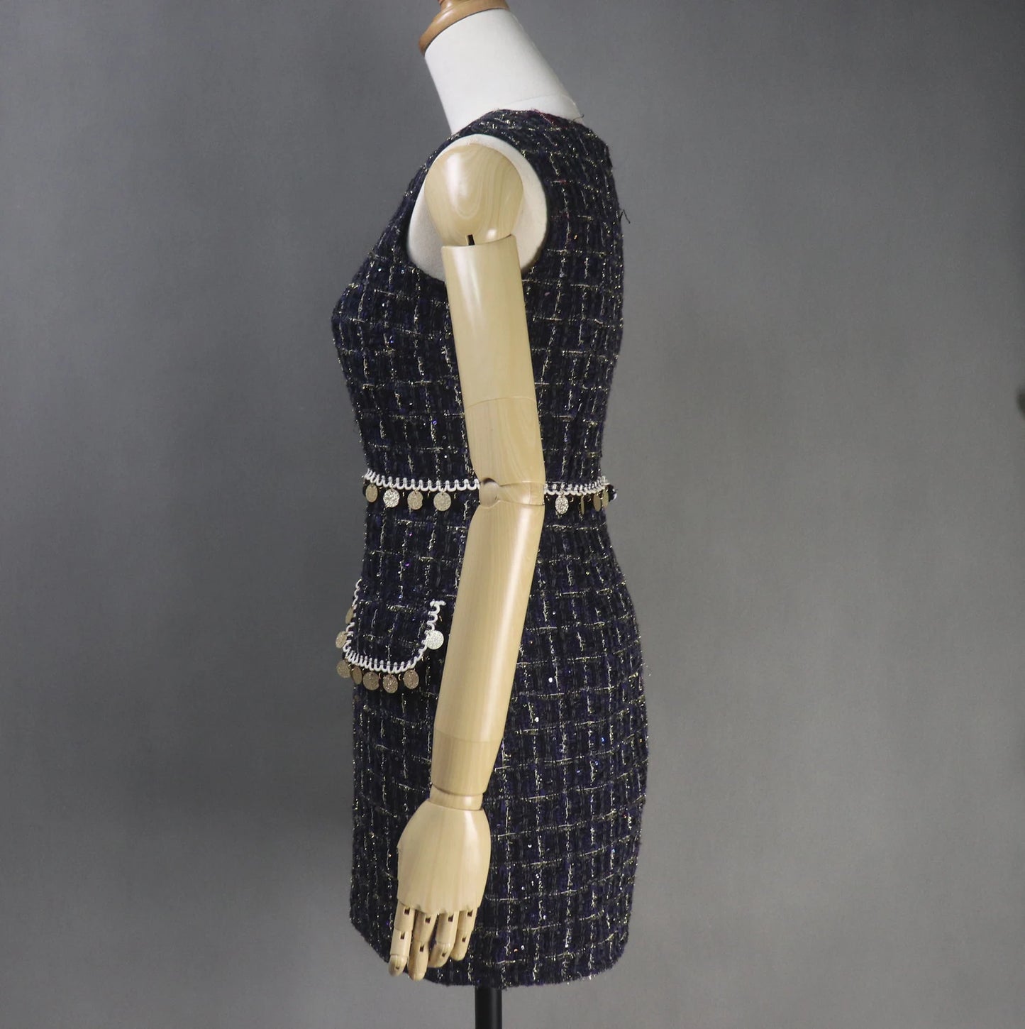 Womens Custom Made V neck Sequinned Sparkle Thread Checked Pattern Tweed Dress Navy Black