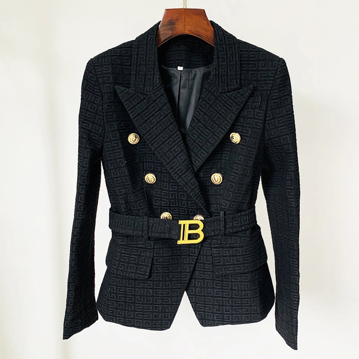 Maze Pattern Fitted Belted Jacket White/ Black/ Pink/ Beige Luxury Blazer