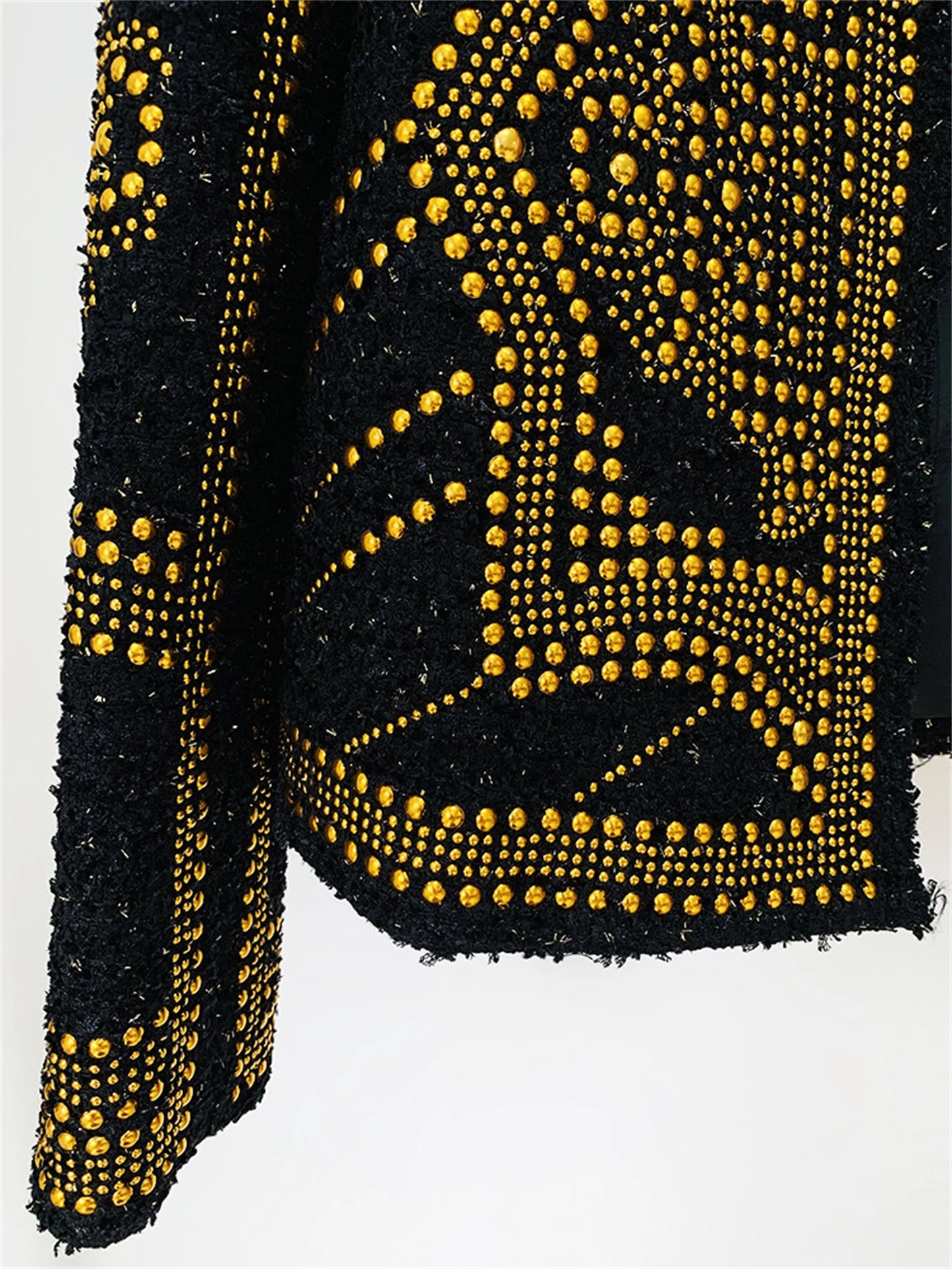 Golden Studs Decoration Abstract Pattern Tweed Short Jacket Blazer Black