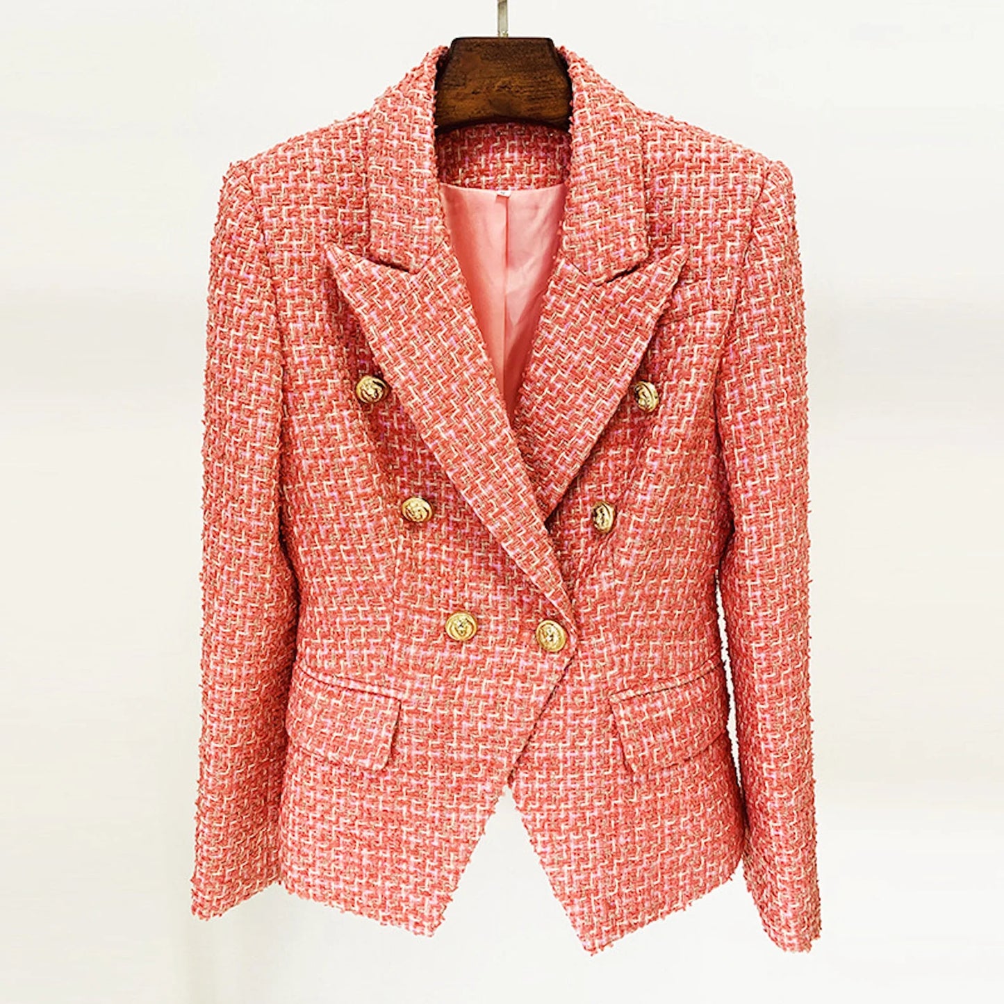 Peach Colour Luxury Women Golden Lion Buttons Tweed Jacket Blazer   Our fantastically flattering jacket is impeccably cut for the right fit and carefully designed for both shape and comfort. Our Fashionpioneer Jacket is eminently versatile, with an attractive peach colour that frames the face, pocket trims, and collar accents. 