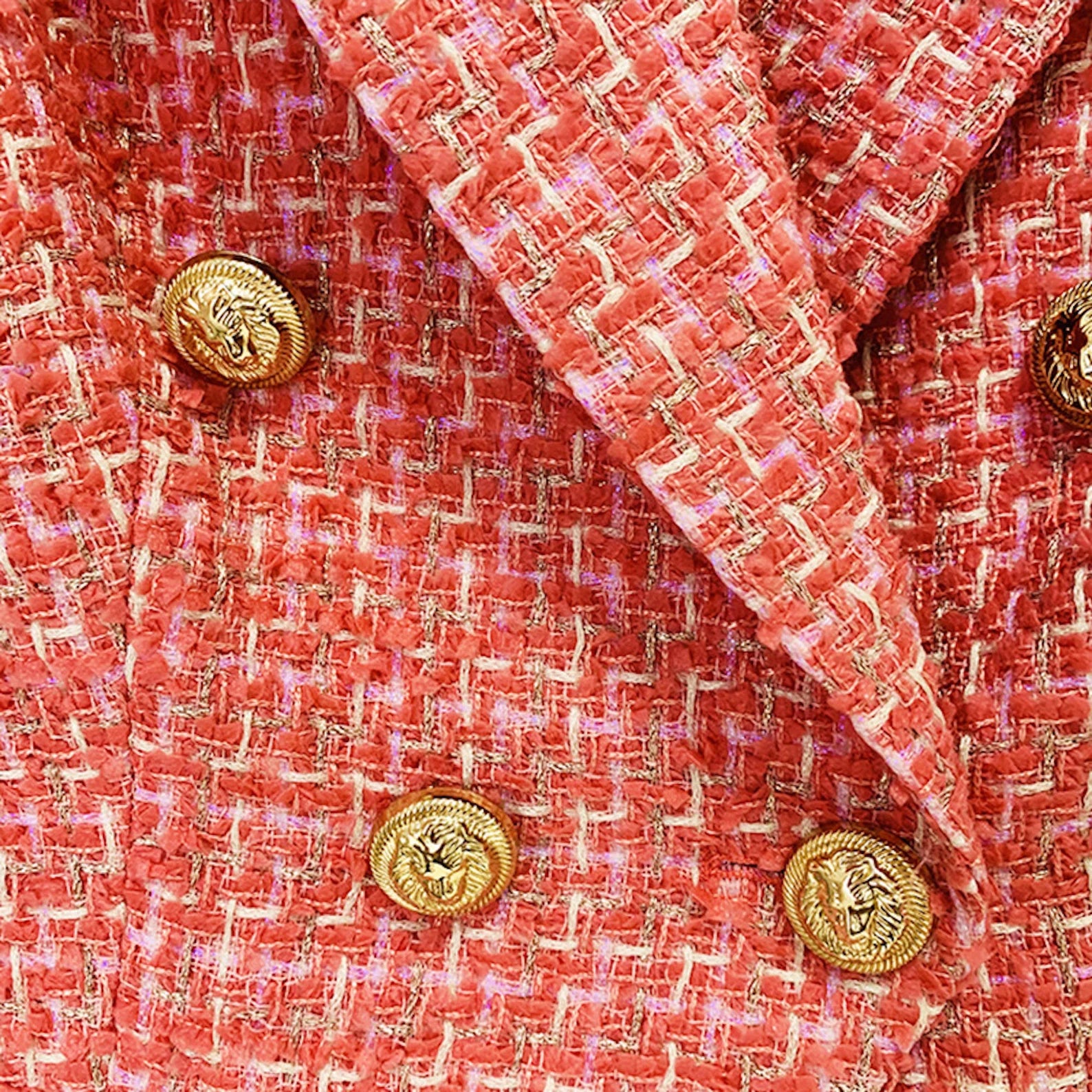 Peach Colour Luxury Women Golden Lion Buttons Tweed Jacket Blazer   Our fantastically flattering jacket is impeccably cut for the right fit and carefully designed for both shape and comfort. Our Fashionpioneer Jacket is eminently versatile, with an attractive peach colour that frames the face, pocket trims, and collar accents. 