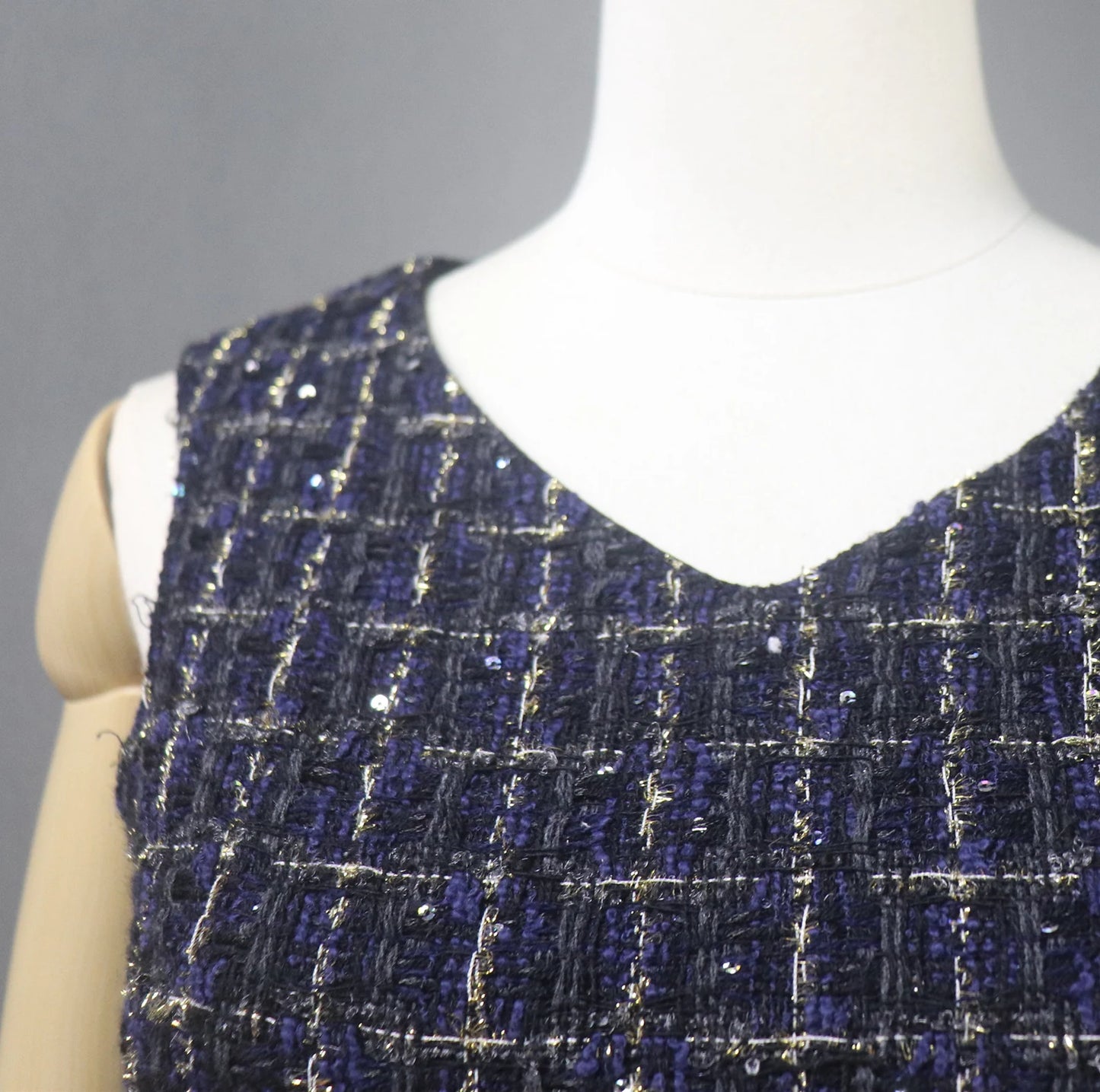 Womens Custom Made V neck Sequinned Sparkle Thread Checked Pattern Tweed Dress Navy Black