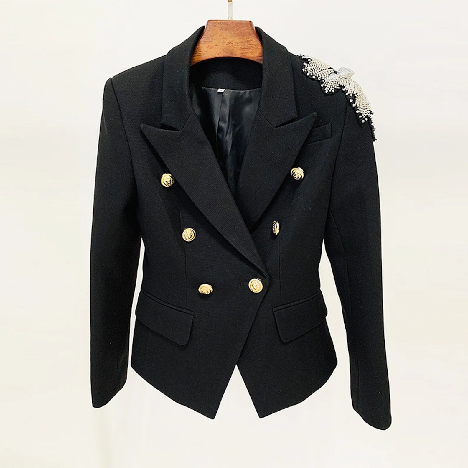 Women's Fitted Special Embroidery Beads Flower Shoulder Decoration Blazer Jacket Black -Classic Black Blazer with Big Beads and Flower Shoulder Decoration is far from dull. This blazer is ideal for evening special occasions, parties, or a daily casual look with jeans, it is popular blazer from our store. Hang dry and low temperature ironing. Hand wash; Do not bleach. Lining : Polyester,  Fastening: Button, Slim, Long Sleeve,2 Buttons front fastening, Long sleeve, Delicate workmanship, decent and attractive.